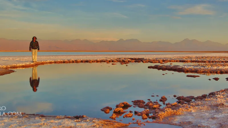 Persona caminando en el Salar de Atacama al atardecer, con reflejo en laguna salina y volcanes al fondo.