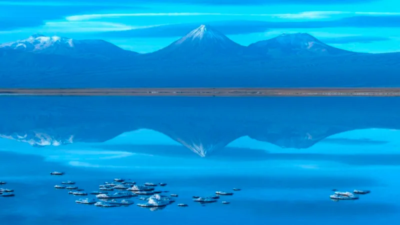 Laguna Tebenquiche con volcanes nevados reflejados en aguas azules y formaciones salinas flotando en la superficie